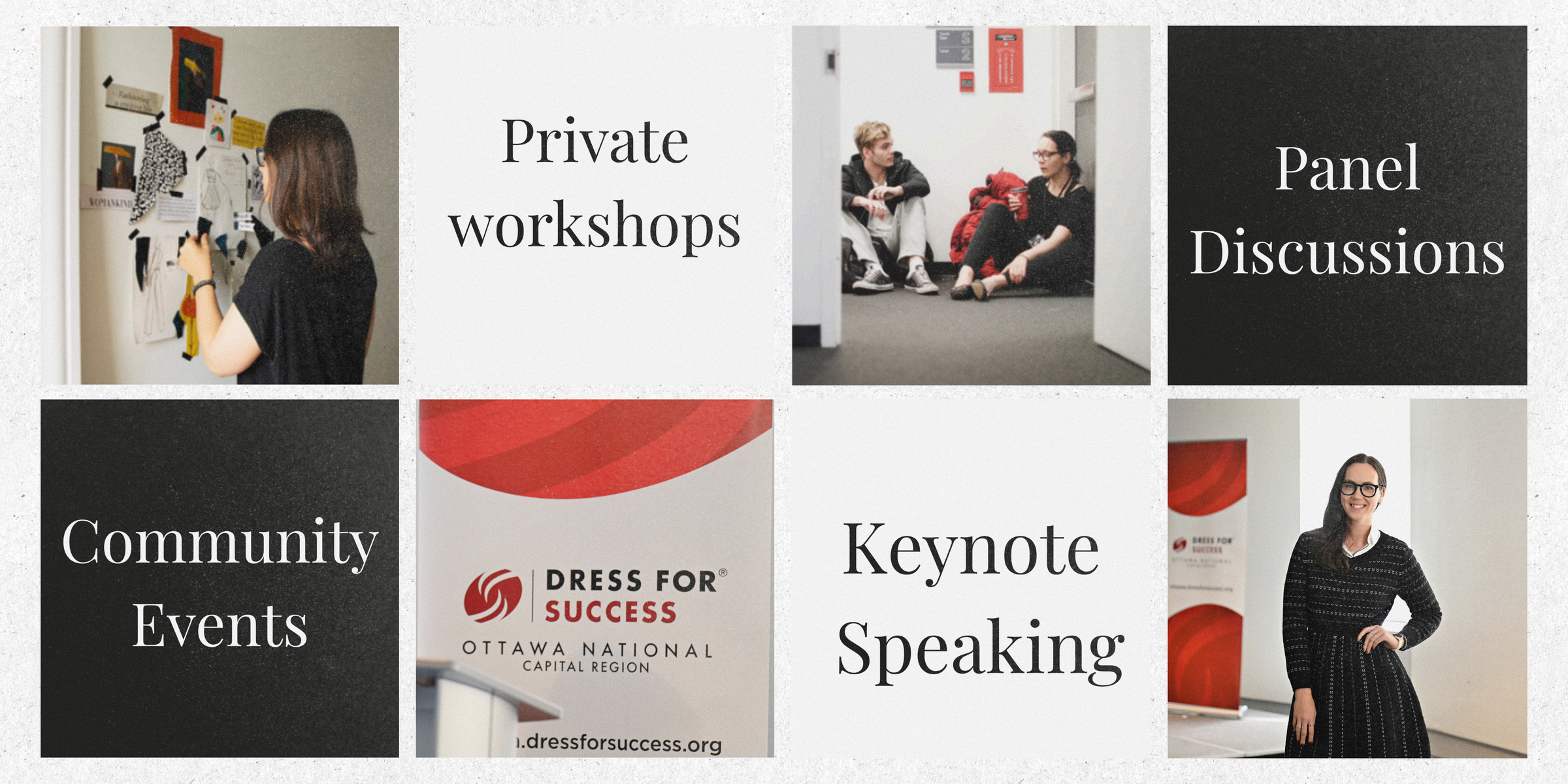 Images showcasing Rebecca Rowe providing personalized styling sessions, leading transformational workshops, and engaging in community events in Ottawa, highlighting empowerment, confidence, and professional style consulting.