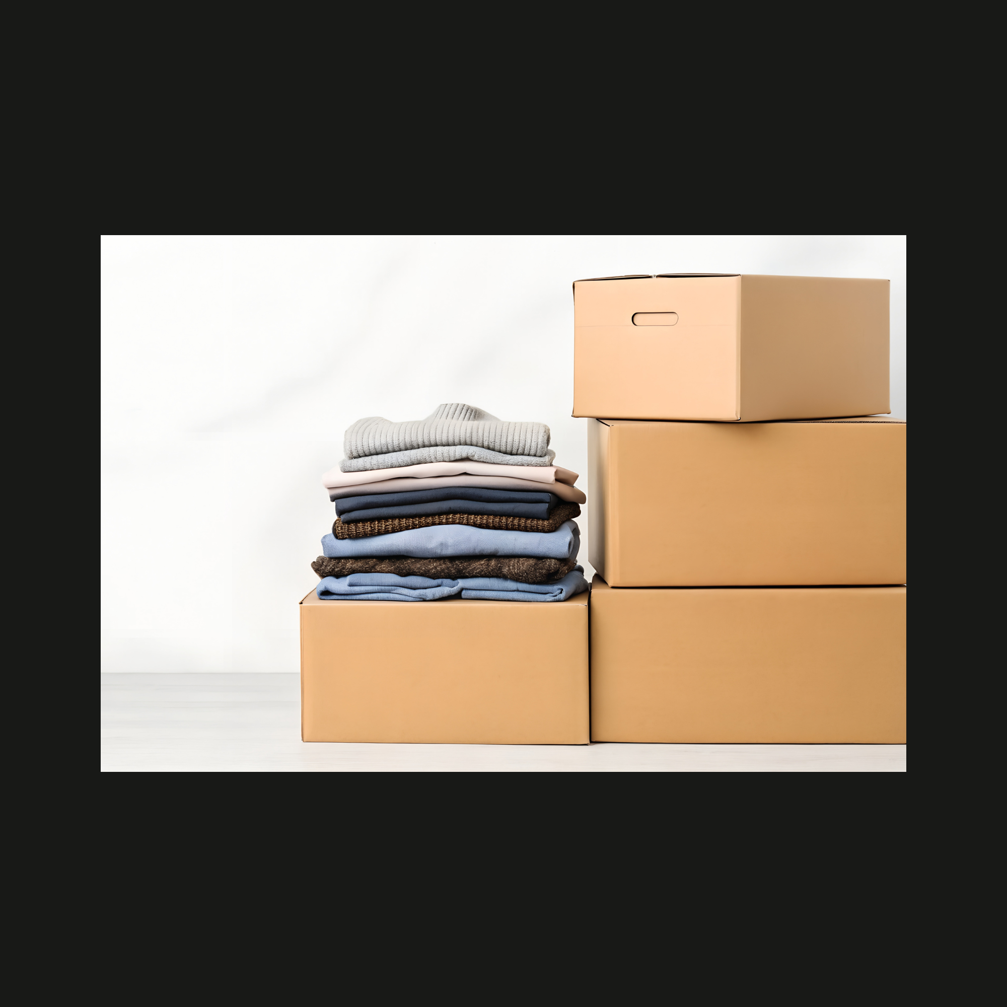 Cardboard box filled with clothes being decluttered, representing wardrobe editing, personal organization, or closet refresh.