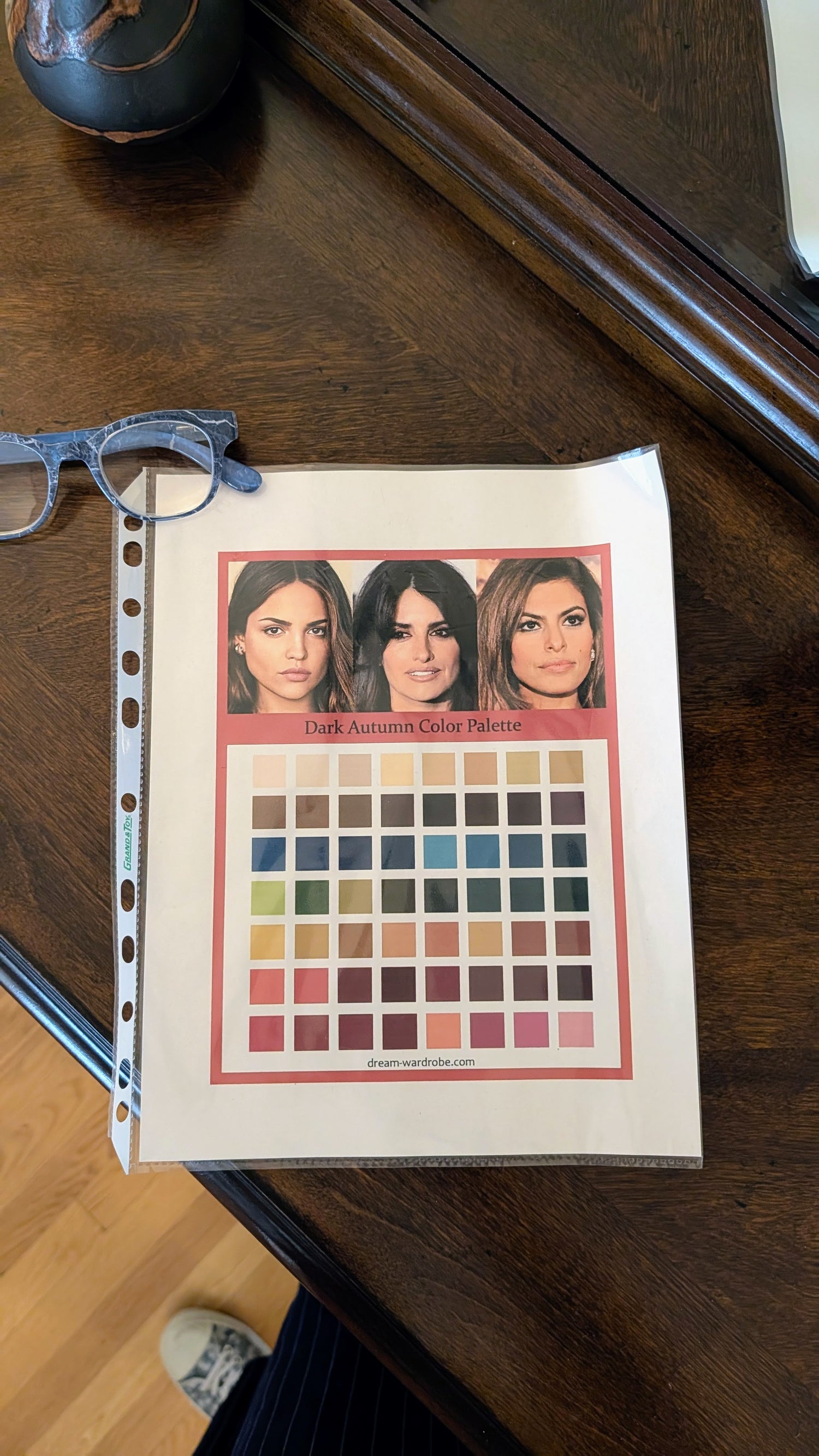 Laminated Dark Autumn colour palette reference sheet showing three celebrity examples above rows of warm, deep colour swatches