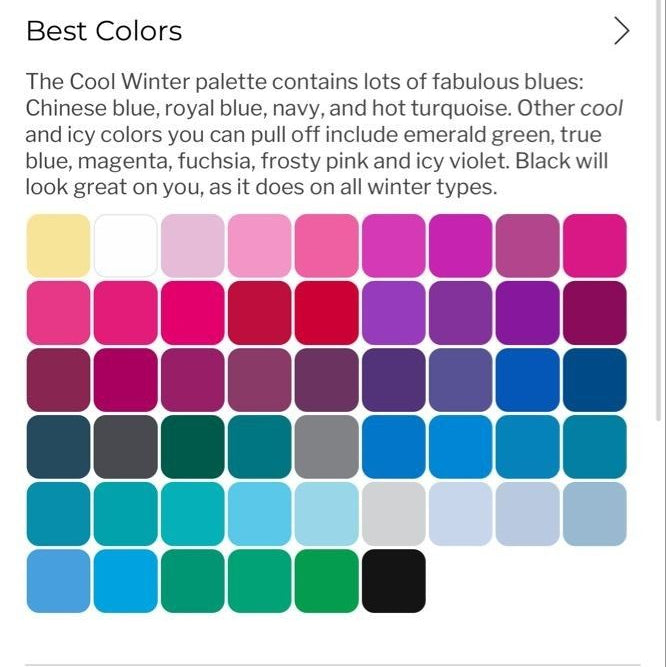 Cool Winter colour palette chart with 48 swatches in bright and icy shades of blue, pink, purple, teal, and grey