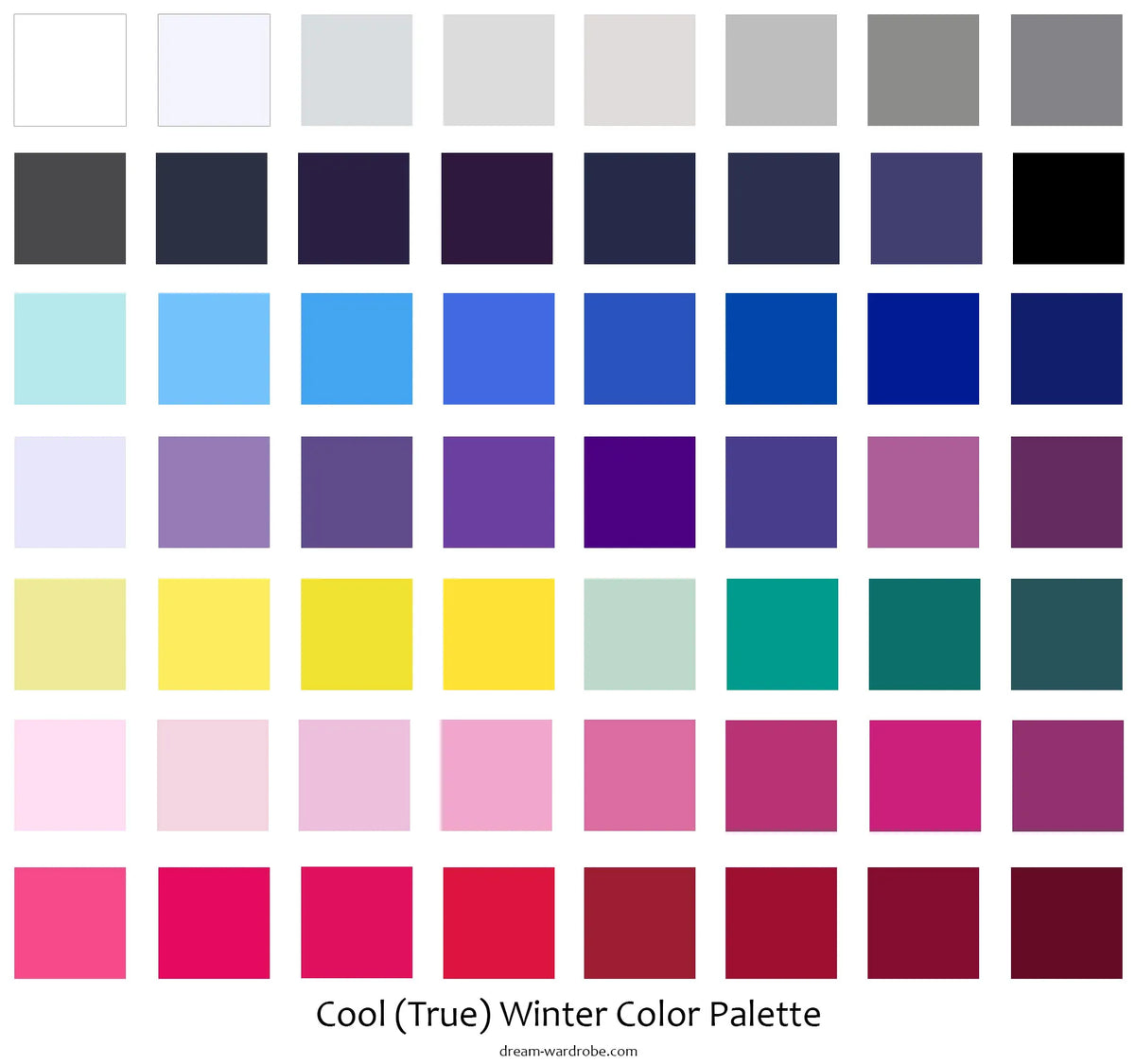 Cool Winter colour palette chart with 48 swatches in bright and icy shades of blue, pink, purple, teal, and grey