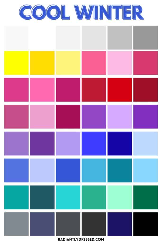 Cool Winter colour palette chart with 48 swatches in bright and icy shades of blue, pink, purple, teal, and grey